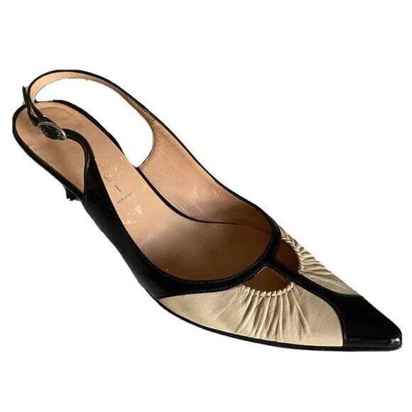 Casadei Slingback Pump Patent Leather Point Toe Black Nude Slim Heel Two… - Picture 1 of 9